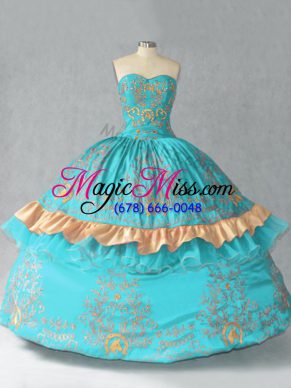 Glamorous Aqua Blue Sleeveless Satin and Organza Lace Up 15 Quinceanera Dress for Sweet 16 and Quinceanera