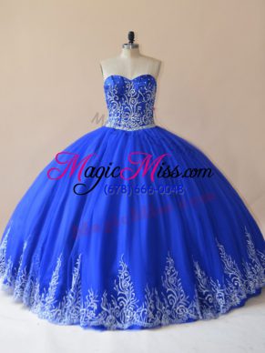 Popular Royal Blue Lace Up Sweet 16 Dress Embroidery Sleeveless Floor Length