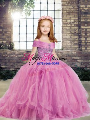 Hot Selling Tulle Straps Sleeveless Lace Up Beading Little Girl Pageant Gowns in Lilac