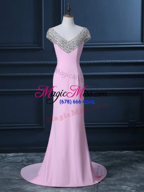 Modest Cap Sleeves Chiffon Court Train Side Zipper Evening Dress in Pink with Beading