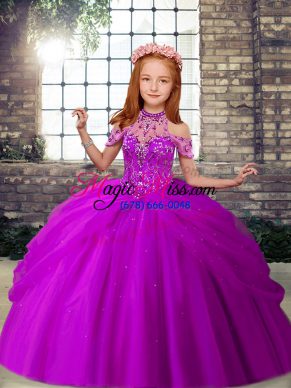 Sweet Purple Lace Up Pageant Dress for Womens Beading Sleeveless Floor Length