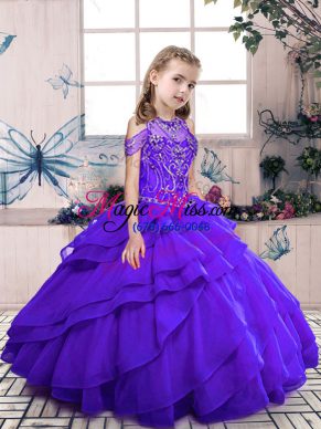 Inexpensive Sleeveless Organza Floor Length Lace Up Kids Formal Wear in Purple with Beading and Ruffled Layers