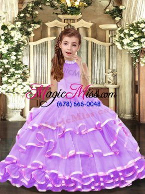Trendy Lavender Ball Gowns Halter Top Sleeveless Organza Floor Length Backless Beading and Ruffled Layers Pageant Dress for Teens
