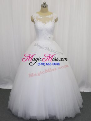 Wonderful Sleeveless Floor Length Beading and Lace and Hand Made Flower Clasp Handle Wedding Dresses with White