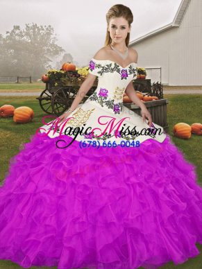 Fancy Purple Ball Gowns Embroidery and Ruffles Quinceanera Gown Lace Up Organza Sleeveless Floor Length