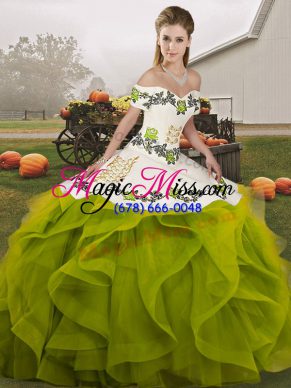 Stylish Olive Green 15 Quinceanera Dress Military Ball and Sweet 16 and Quinceanera with Embroidery and Ruffles Off The Shoulder Sleeveless Lace Up