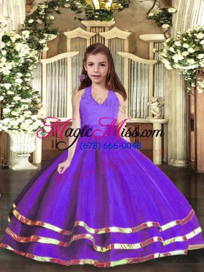 Halter Top Sleeveless Lace Up Little Girls Pageant Dress Purple Organza