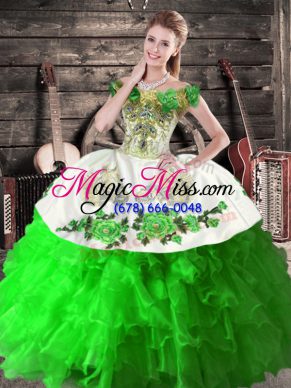Green Organza Lace Up Off The Shoulder Sleeveless Floor Length Quinceanera Dress Embroidery and Ruffles