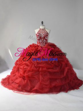 Lovely Wine Red Halter Top Neckline Beading and Pick Ups Quinceanera Gown Sleeveless Lace Up