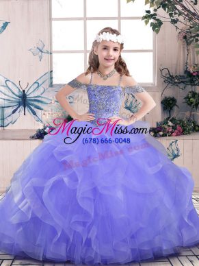 Pretty Lavender Kids Formal Wear Party and Sweet 16 and Wedding Party with Beading and Ruffles Straps Sleeveless Lace Up