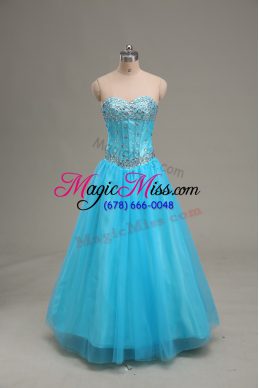 Excellent Tulle Sweetheart Sleeveless Lace Up Beading Pageant Dress for Teens in Aqua Blue