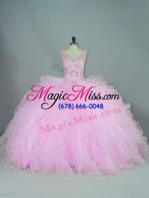 Lilac Ball Gowns Tulle V-neck Sleeveless Beading and Ruffles Lace Up Ball Gown Prom Dress Brush Train
