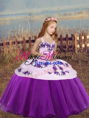 Eggplant Purple Ball Gowns Embroidery Little Girls Pageant Gowns Lace Up Organza Sleeveless Floor Length