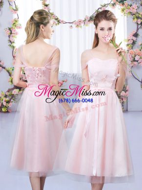 Baby Pink Lace Up Sweetheart Lace and Belt Bridesmaid Dress Tulle Short Sleeves