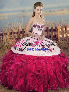 Fuchsia Lace Up Vestidos de Quinceanera Embroidery and Ruffles and Bowknot Sleeveless Floor Length