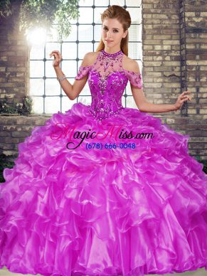 Purple Sleeveless Organza Lace Up Sweet 16 Quinceanera Dress for Military Ball and Sweet 16 and Quinceanera