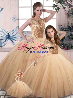 Gold Tulle Lace Up Scoop Sleeveless Floor Length 15 Quinceanera Dress Beading