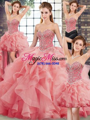 Watermelon Red Ball Gowns Sweetheart Sleeveless Tulle Brush Train Lace Up Beading and Ruffles Sweet 16 Quinceanera Dress