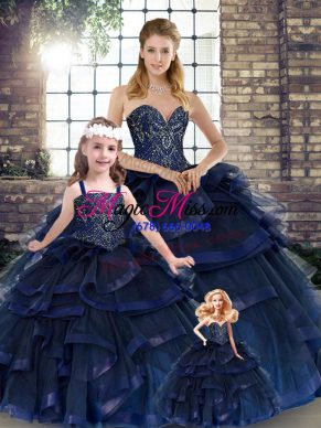 Exquisite Navy Blue Ball Gowns Beading and Ruffles Vestidos de Quinceanera Lace Up Tulle Sleeveless Floor Length