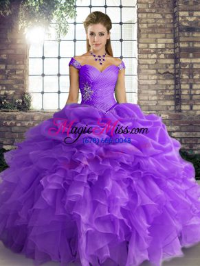 Popular Off The Shoulder Sleeveless Organza 15 Quinceanera Dress Beading and Ruffles and Pick Ups Lace Up