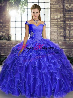 Off The Shoulder Sleeveless Organza 15th Birthday Dress Beading and Ruffles Brush Train Lace Up
