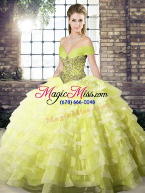 High Class Yellow Lace Up Quinceanera Dresses Beading and Ruffled Layers Sleeveless Brush Train