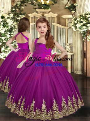 Dramatic Tulle Straps Sleeveless Lace Up Embroidery Child Pageant Dress in Purple