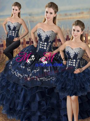 Fantastic Navy Blue Ball Gowns Embroidery and Ruffles 15th Birthday Dress Lace Up Satin and Organza Sleeveless High Low
