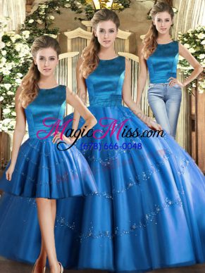 Blue Scoop Neckline Appliques Ball Gown Prom Dress Sleeveless Lace Up