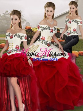 Custom Fit White And Red Sleeveless Floor Length Embroidery and Ruffles Lace Up Quinceanera Gown