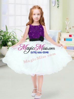 Custom Fit White A-line Organza Scoop Sleeveless Sequins and Hand Made Flower Knee Length Zipper Toddler Flower Girl Dress