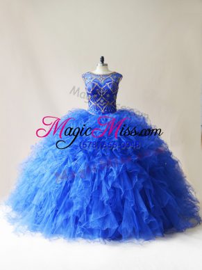 Royal Blue Ball Gowns Tulle Scoop Sleeveless Beading and Ruffles Floor Length Lace Up Sweet 16 Quinceanera Dress