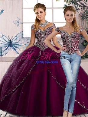 Latest Cap Sleeves Beading Lace Up Quince Ball Gowns with Purple Brush Train