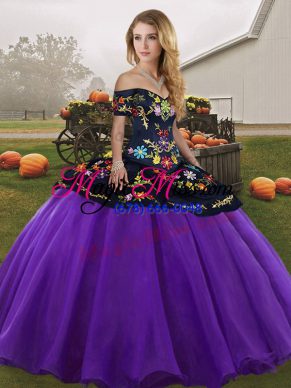 On Sale Floor Length Purple Quinceanera Gowns Tulle Sleeveless Embroidery