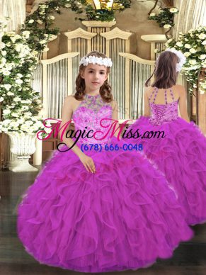 Lovely Floor Length Fuchsia Child Pageant Dress Tulle Sleeveless Beading and Ruffles