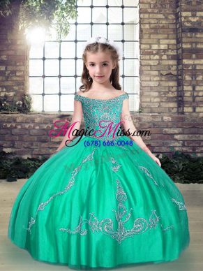 Tulle Off The Shoulder Sleeveless Lace Up Beading Child Pageant Dress in Turquoise