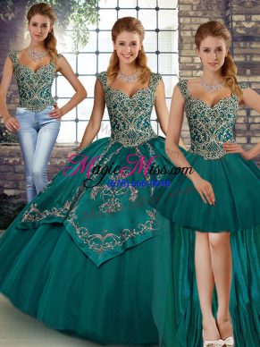 Modest Teal Sleeveless Beading and Embroidery Floor Length Quinceanera Gowns