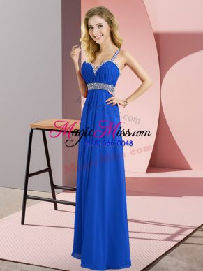 Chiffon Straps Sleeveless Criss Cross Beading Prom Gown in Royal Blue