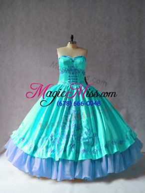 Glittering Aqua Blue Lace Up Quinceanera Gown Embroidery Sleeveless Floor Length