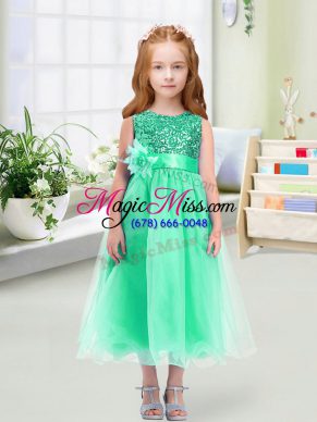 On Sale Turquoise Empire Sequins and Hand Made Flower Toddler Flower Girl Dress Zipper Organza Sleeveless Tea Length