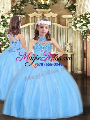 Trendy Baby Blue Little Girl Pageant Dress For with Appliques Halter Top Sleeveless Lace Up