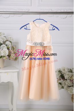 Noble Lace and Belt Flower Girl Dress Peach Zipper Sleeveless Floor Length