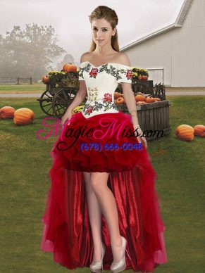 Wine Red A-line Embroidery Homecoming Party Dress Lace Up Tulle Sleeveless High Low