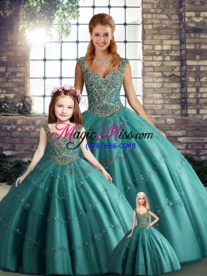 Teal Tulle Lace Up Quinceanera Dresses Sleeveless Floor Length Beading and Appliques