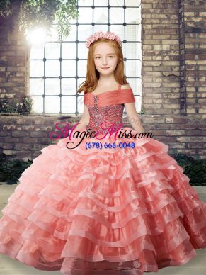 Watermelon Red Kids Formal Wear Party and Military Ball and Wedding Party with Beading and Ruffled Layers Straps Sleeveless Brush Train Lace Up