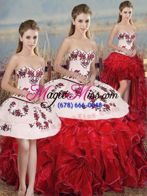White And Red Ball Gowns Sweetheart Sleeveless Organza Floor Length Lace Up Embroidery and Ruffles and Bowknot Quinceanera Gowns
