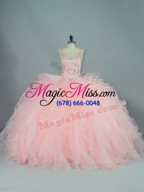 Ruffles Quinceanera Gown Peach Lace Up Sleeveless