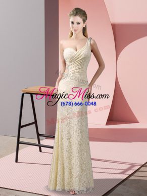 New Arrival Floor Length Champagne Prom Party Dress One Shoulder Sleeveless Criss Cross