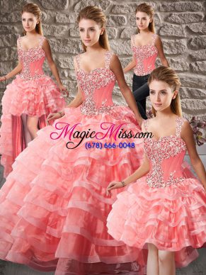 Watermelon Red Lace Up Quinceanera Dresses Beading and Ruffled Layers Sleeveless Court Train