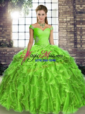 Organza Lace Up Off The Shoulder Sleeveless Quince Ball Gowns Brush Train Beading and Ruffles